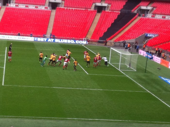 Keeper Maxwell goes up for a last-ditch Wrexham corner