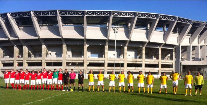 Wales fans' lost 6-1 to Macedonia vets the day before the game. Our hosts featured a former Maceodonia skipper Artim Sakiri (yellow, left, next to linesman)