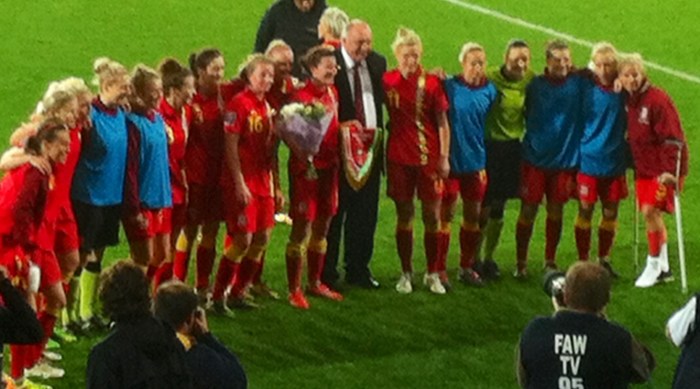 Helen Ward was given a bouquet to mark her 50th game for Wales