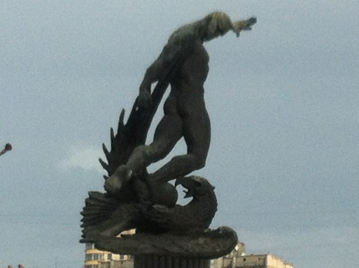 Death Match Stadium statue, Kyiv. The German eagle is depicted underneath a Soviet figure