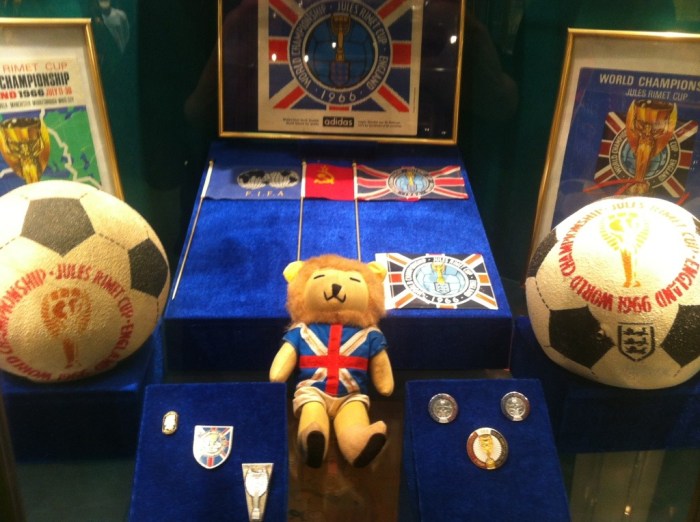 Memorabilia in the cabinet devoted to the 1966 World Cup in England