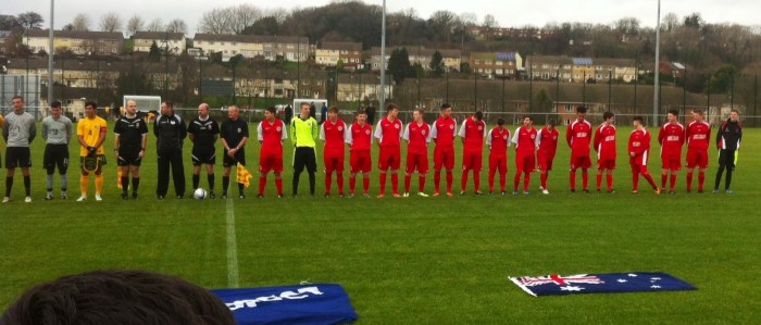 The Welsh team line up before the match
