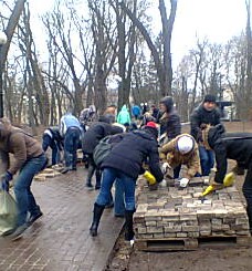 Time to clear up. Protesters get to work in Marinski Park, which was the main base of the pro-government supporters, who have all left