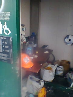 A public toilet which has been used as first aid point and petrol bomb manufacting base