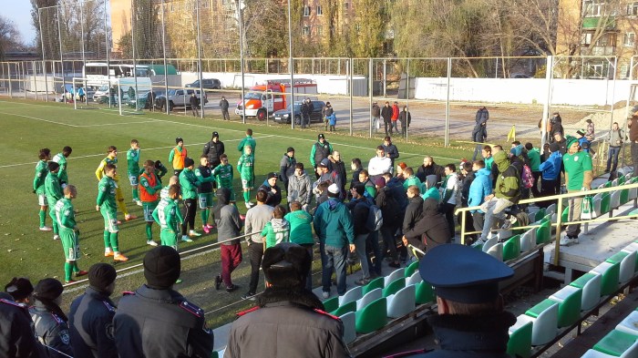 Karpaty Lvivi fans at FC Poltava talking to Oleg Dulub